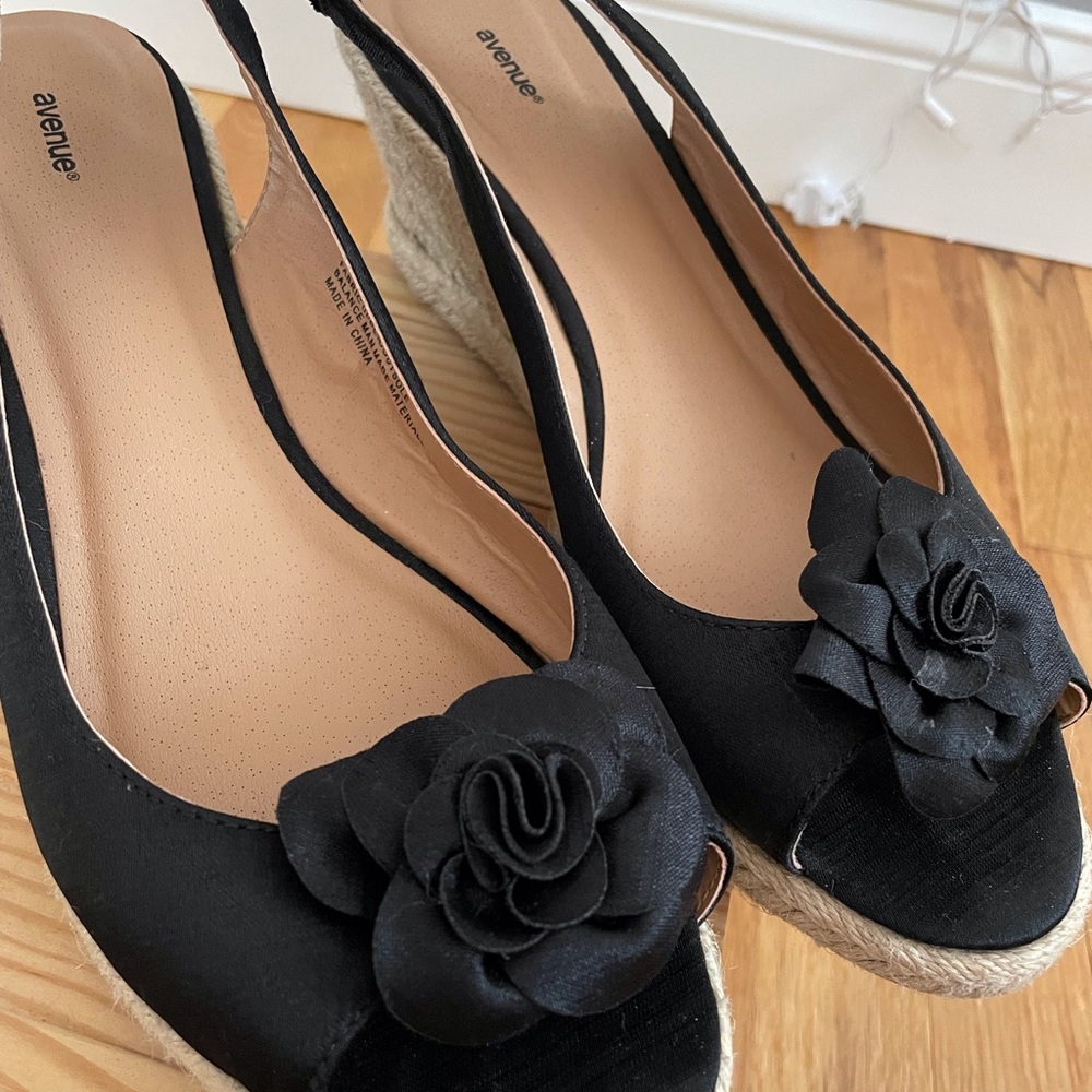 Black Satin Open Toed Wedges